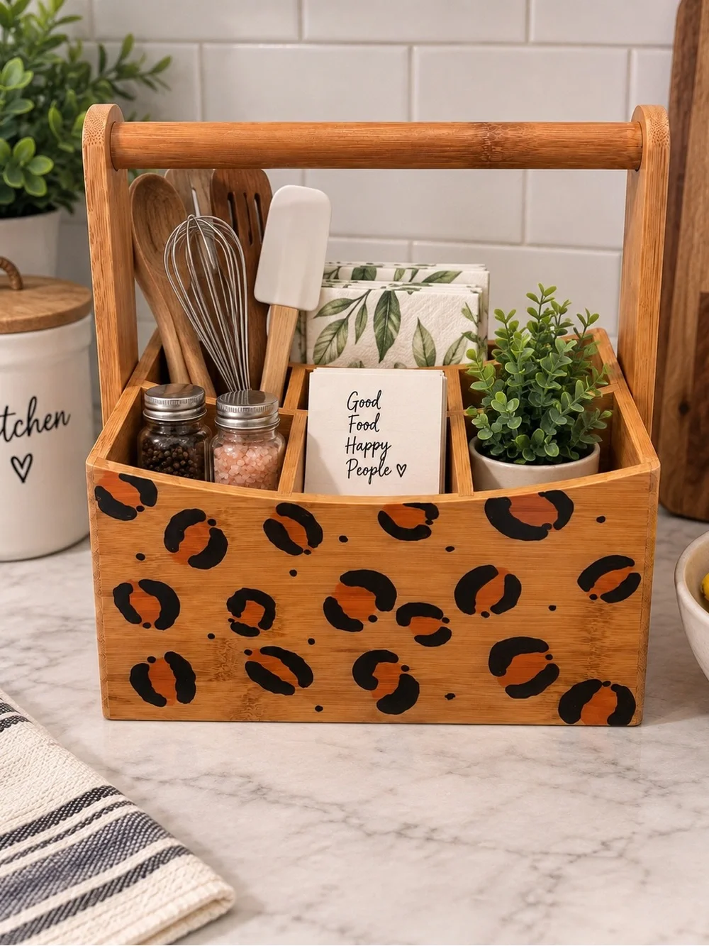 Hand-Painted Bamboo Leopard Print Organizer Caddy